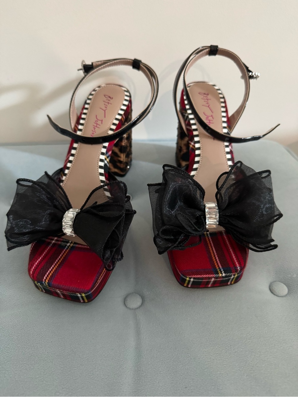 Betsey Johnson Red Plaid Platform Heels with Black Bow